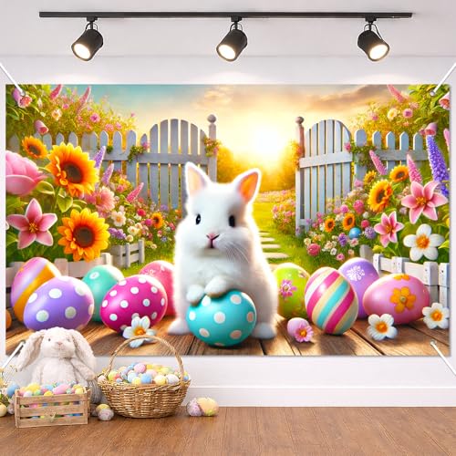 BlissYard Happy Easter Party Backdrop Banner Spring Easter Bunny Backdrop White Rabbit Colorful Easter Eggs Photography Background Floral Rabbit Easter Baby Shower Jesus Party Photo Props 71 x 43 - color: Easter Bunny#7