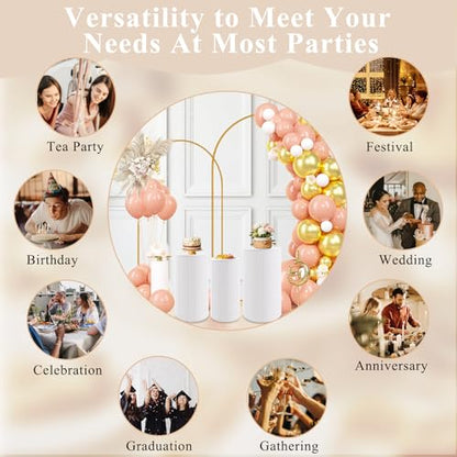 Metal Pleated Cylinder Pedestal Stands for Party, 3 Pieces Heavy Duty Round Cake Pedestal Stand Display Plinth Pillars Art Decor for Wedding Ceremony Birthday Party（Small, White） - size: L:23.82"x12.6", M:21.85"x11.02", S:19.88"x9.45"