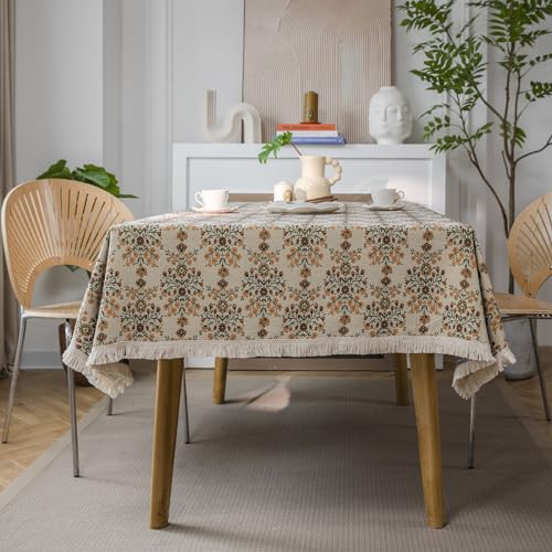 VClife Beige Floral Print Table Cloth, Linen Texture Tablecloth for Rectangle Tables, Aesthetic Vintage Flower Leaves Table Cover for 8-10 Seaters Decorative Fabric Furniture Protector, 60" x 102" - color: A1 Flower:beige, size: 102" x 60" (Rectangular)