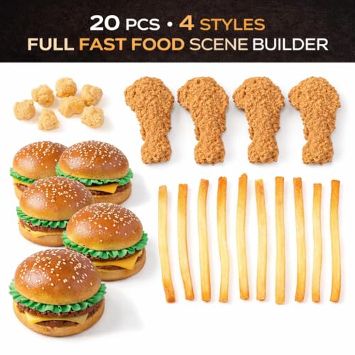 20 Pcs 4 Styles Professional Fake Fried Food Props Set for Photography & Restaurant Display, Matte Glare-Free, Waterproof, Realistic Burger Fries Chicken