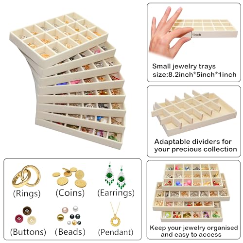 8 Pack Stackable Jewelry Organizer Tray Velvet Jewelrry Storage Drawer Insert Earring Stacking Trays for Dresser 18 Grids - color: Beige