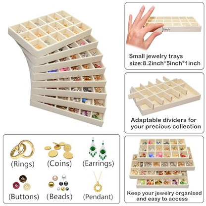 8 Pack Stackable Jewelry Organizer Tray Velvet Jewelrry Storage Drawer Insert Earring Stacking Trays for Dresser 18 Grids - color: Beige