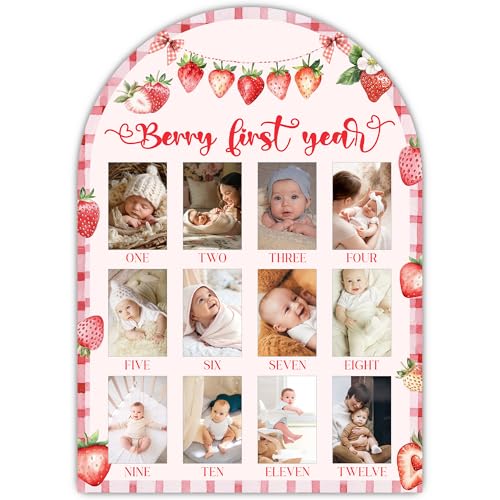 Berry My First Year Photo Board, Pink Strawberry Baby Milestone Signs for Girls Boys Nursery Decor, 12 Month Wooden Picture Board for 2x3 Photos, Best Babies Keepsake Gifts-A15 - color: Strawberry 1