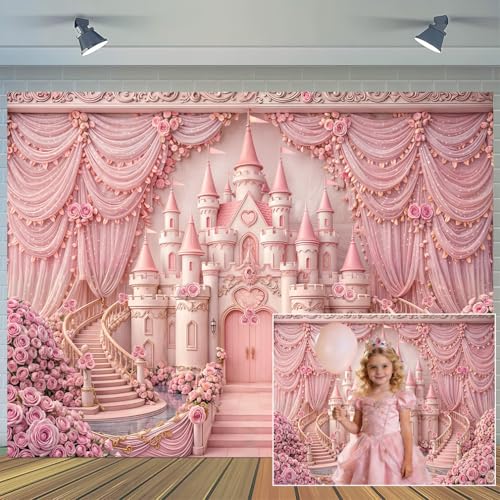 8 x 6 ft Pink Princess Castle Backdrop Pink Palace Curtain Floral Arch Drapes Background Girl Baby Kids Birthday Wedding Baby Shower Party Banner Living Room Decor - color: Multi3, size: 8X6FT