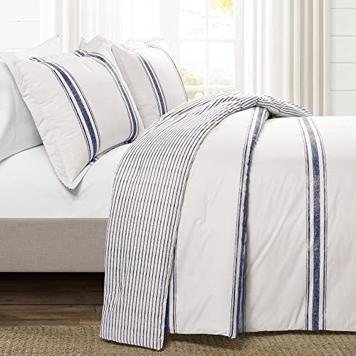 Lush Decor Farmhouse Stripe Reversible Cotton Comforter Set, 3 Piece Set, Full/ Queen, Navy - Cozy Farmhouse Bedding Set - Rustic Decor - Striped Comforter - Modern Farmhouse Bedroom Decor - color: Navy, size: Full/Queen