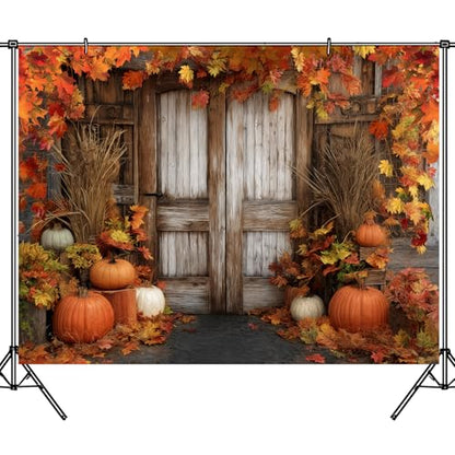 Fall Pumpkin Photography Backdrop, Autumn Thanksgiving Harvest Rustic Farm Wooden Barn Door Background Maple Leaves Party Banner Decoration Photo Booth Props 7x5FT