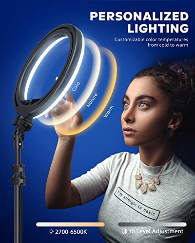 Kaiess 10.2" Selfie Ring Light with 65" Adjustable Tripod Stand & Phone Holder for Live Stream/Makeup, Upgraded Dimmable LED Ringlight for Tiktok/YouTube/Zoom Meeting/Photography - color: 10.2