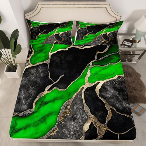 Erosebridal Black Green Marble Bed Sheets Full Size for Kids Boys Teens - Marble Minimalist Design Flat Fitted Sheet Abstract Metallic Texture Sheet Set Marbling Crack Sheets - color: Black Green, size: Full
