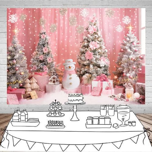 Mocsicka 7x5ft Pink Christmas Backdrop Snowflake Xmas Tree Interior Room Photography Backdrop Background Family Kids Merry Christmas Holiday Party Decorations Photo Booth Props
