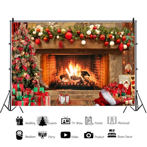 Renaiss 5x3ft Christmas Fireplace Backdrop Xmas Tree Gift Box Wooden Photography Background for Holiday Winter New Year Merry Xmas Eve Family Party Decor Banner Photo Studio Props - color: christmas-f, size: 5x3ft