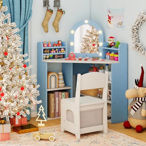 Costzon Kids Vanity with Lights, Corner Vanity Desk with Mirror, Storage Shelves, Wooden Princess Toddler Makeup Dressing Table, Kids Vanity Table and Chair Set for Little Girls (Blue) - style: Blue with Corner Design
