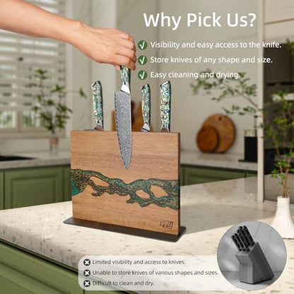 FINDKING Magnetic Knife Block, Double-Sided Knife Holder with Strong Magnets, Acacia Wood and Golden Green Resin, Countertop Kitchen Knife Storage Stand (12 × 10 Inches, Without Knives) - color: Golden Green