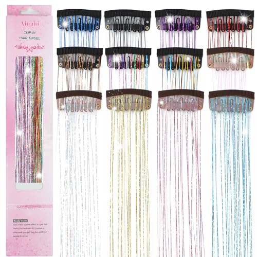 Hair Tinsel Kit 12 Pcs Hair Tinsel Clip in Glitter Tinsel Hair Extensions 20 Inch Clip in Hair Tinsel Heat Resistant Sparkly Fairy Hair Accessories for Girls Women Kids (12 Colors) - color: 12 Colors