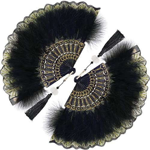 Namalu 2 Pieces Feather Hand Fan Embroidered Flower Marabou 1920s Feather Fan Hand Folding Drag Queen for 20s Women Costume Tea Party Dancing Photoshoot Wedding Decor(Black) - color: Black