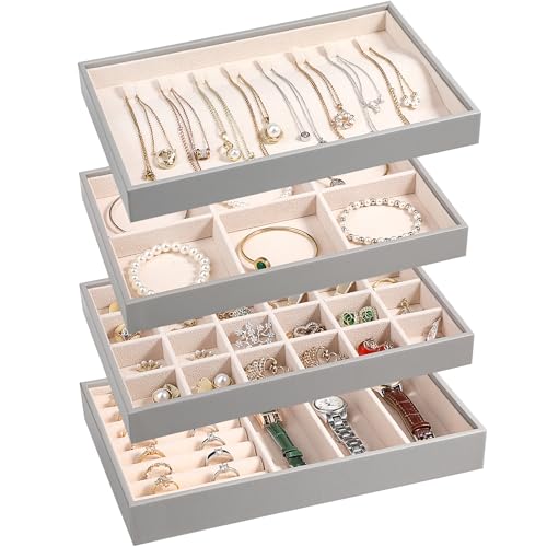 LANDICI Stackable Jewelry Organizer Trays 4 Set,PU Leather Jewelry Organizer Drawer,Jewelry Storage Display Tray for Earring Necklace Rings Bracelet with Removable Dividers,Grey - color: Grey