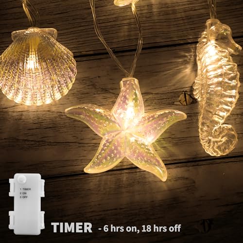 YOLIGHT Seashell Starfish Seahorse String Lights Timer 6.5ft 10 LED Ocean Fairy Lights Battery Operated Under The Sea Decoration for Tropical Nautical Theme Party Beach Wedding Kids Room Décor - style: Ocean Theme