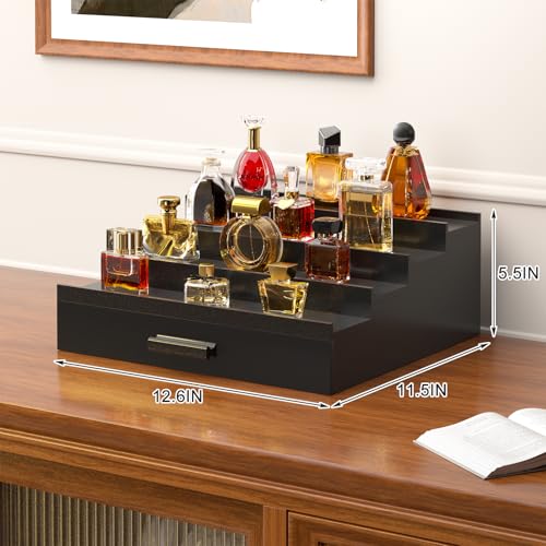 Vdamu Cologne Organizer for Men,4 Tier of Elevated Cologne Display Stand with Drawer Storage,Wood Cologne Display,Perfume Organizer and Storage Display Risers,Great Gift for Men (Black) - color: Black