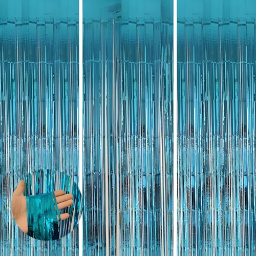 Valentines Day 3 Pack 3.3 * 8.3 ft Foil Curtain Metallic Tinsel Fringe Curtains Photo Booth Props Backdrop for Birthday Wedding Engagement Baby Shower Christmas Holiday Celebration Partyl,Light Blue - color: Light Blue, size: 3 Pack