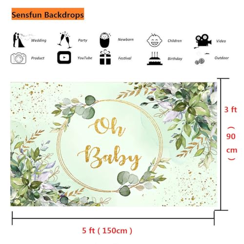 Sensfun Sage Green Baby Shower Backdrop Neutral Baby Shower Decorations Greenery Eucalyptus Gold Oh Baby Banner Photography Background for Boy Girl Gender Reveal Party Supplies Photo Booth Props 5x3ft - size: 5X3ft