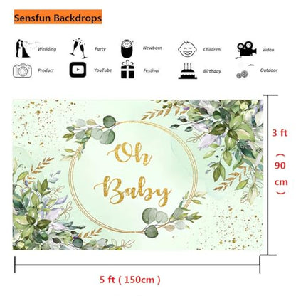 Sensfun Sage Green Baby Shower Backdrop Neutral Baby Shower Decorations Greenery Eucalyptus Gold Oh Baby Banner Photography Background for Boy Girl Gender Reveal Party Supplies Photo Booth Props 5x3ft - size: 5X3ft