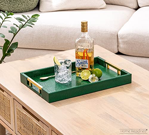 Luxury Modern Elegant 17.5"x12" Rectangle Crocodile Green Faux Leather Decorative Tray Ottoman Coffee Table Living Room Decor Kitchen Serving Tray with Gold Polished Metal Handles by Home Redefined - color: Crocodile Green/Gold
