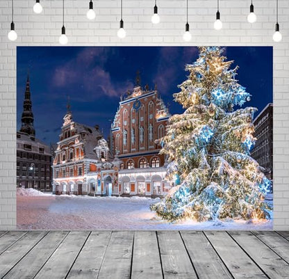 5x3ft Christmas Riga Scenery Backdrop Winter Town Hall Square Snowy Landscape Old Town Christmas Tree Background for Winter Party Decorations New Year Holiday Photo Props Portrait Fabric - size: 5x3FT