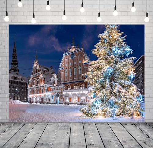 7x5ft Christmas Riga Scenery Backdrop Winter Town Hall Square Snowy Landscape Old Town Christmas Tree Background for Winter Party Decorations New Year Holiday Photo Props Portrait Fabric - size: 7x5FT