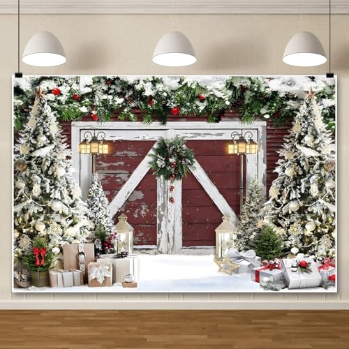 10x8ft Winter Christmas Barn Door Backdrop Rustic Wood Xmas Tree Snow Gift Photography Background Banner for Family Holiday Party Decoration Supplies Photo Studio Props - color: Brown Green, size: 10x8ft