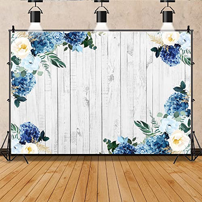 Yeele 8x6ft White Wood Backdrop Spring Rustic White Blue Floral Hydrangeas Camellia Flowers Wooden Texture Wall Photography Background for Birthday Wedding Baby Shower Decor Photo Shoot Studio Prop - size: 8x6ft