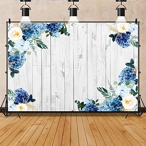 Yeele 6x4ft White Wood Backdrop Spring Rustic White Blue Floral Hydrangeas Camellia Flowers Wooden Texture Wall Photography Background for Birthday Wedding Baby Shower Decor Photo Shoot Studio Prop - size: 6x4ft