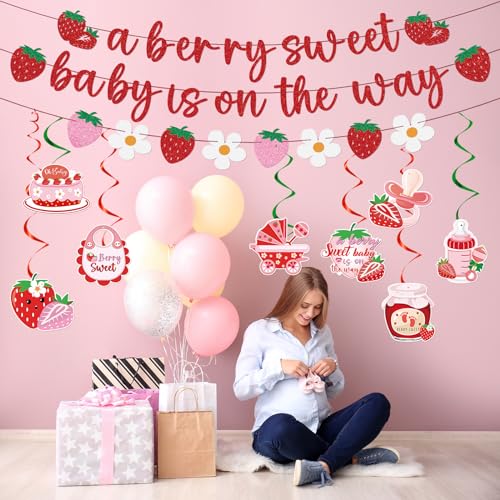 Strawberry Baby Shower Decorations - A Berry Sweet Baby Is on the Way Banners Cute Strawberry Decorations Strawberry Sweet Baby Hanging Swirls Ceiling Decor Girls - style: Strawberry