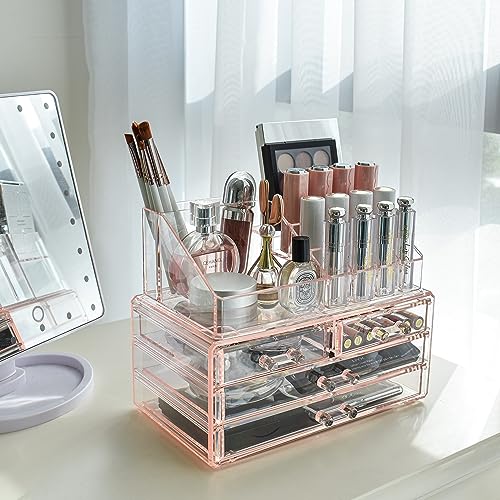 Ikee Design Pink Jewelry & Cosmetic Storage Display Boxes Two Pieces Set, Pink Cosmetic Jewelry Organizer Makeup Holder, Organizer for Vanity - color: 1a) 1 Top 4 Drawers, Pink