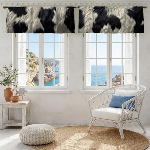 Cowhide Pattern Curtains, Two-Pack, Black White Rustic Farm Texture, Short Style, Suitable for Kitchen, Bathroom, Bedroom, 54x18 inches. - color: Cowhide