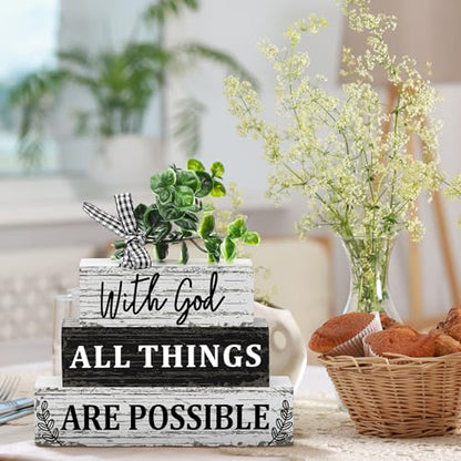 Geelin 4 Pcs Christian Wooden Sign Farmhouse Rustic Eucalyptus Leaves Wood Block Sign Table Centerpiece Religious Tiered Tray Decor Centerpiece Decor for Home Summer - style: Christian