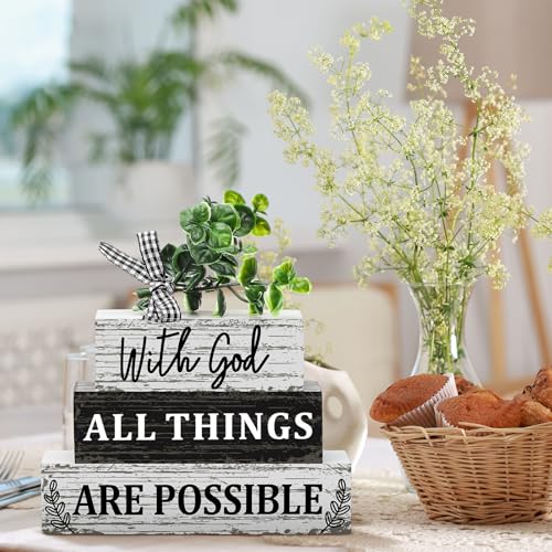 Geelin 4 Pcs Christian Wooden Sign Farmhouse Rustic Eucalyptus Leaves Wood Block Sign Table Centerpiece Religious Tiered Tray Decor Centerpiece Decor for Home Summer - style: Christian
