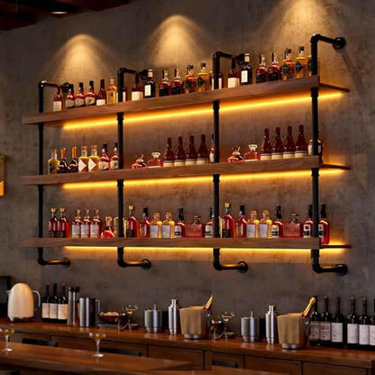 Large Wine Rack with LED Light Solid Wood Wall Mounted Wine Rack, 3-Tiers Liquor Bottles Floating Shelves Display Storage Organizer for Home Bar & Dining Room (80cm/31.4in) - size: 31.4 Inches