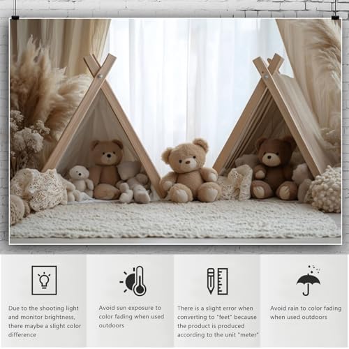 YongFoto Bear Theme Backdrop 5x3ft Tent Blanket Pampas Boho Photography Background Baby Shower Cradle Ceremony Kid Birthday Party Banner Baby Portraits Photoshoot Wallpaper Photo Studio Booth Prop - color: Style 2, size: 5ftx3ft