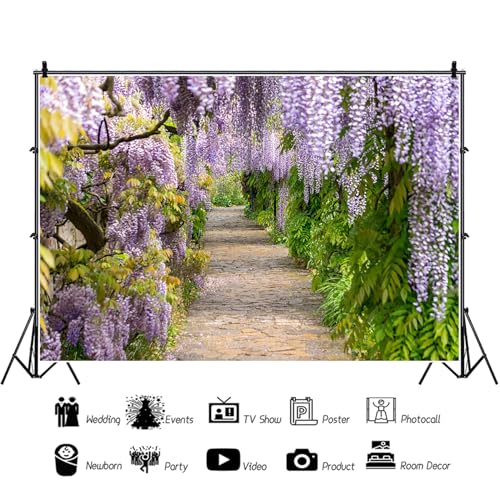 10x8ft Background for Purple Cirrus Pathway Photography Backdrop Purple Wisteria Violet Vine Wedding Ceremony Anniversary Honeymoon Birthday Children Adults Photo Studio Vinyl Props - size: 10x8ft