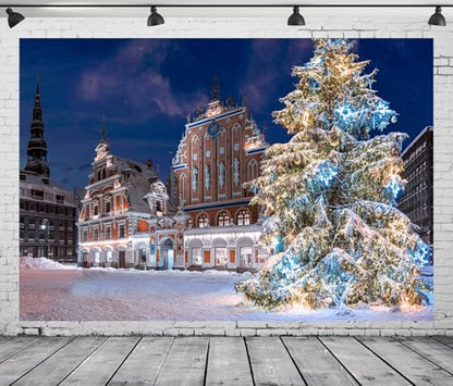 15x8ft Christmas Riga Scenery Backdrop Winter Town Hall Square Snowy Landscape Old Town Christmas Tree Background for Winter Party Decorations New Year Holiday Photo Props Portrait Fabric - size: 15x8FT