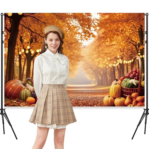 Fall Photography Backdrop 7x5ft, Autumn Maple Leaves Photo Background, Pumpkins Background for Thanksgiving Party, Farm Harvest Photo Booth Props - color: Autumn Backdrop-3, size: 7×5ft