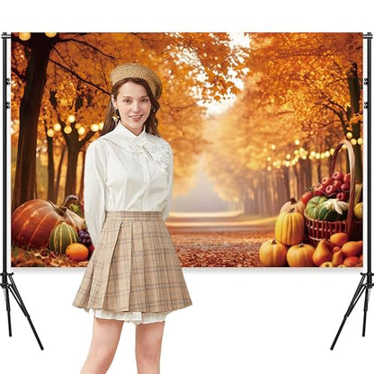 Fall Photography Backdrop 7x5ft, Autumn Maple Leaves Photo Background, Pumpkins Background for Thanksgiving Party, Farm Harvest Photo Booth Props - color: Autumn Backdrop-3, size: 7×5ft