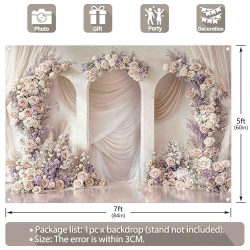 7x5ft 2D Wedding Arch Backdrop Rose Lavender Soft Champagne Drape Romantic Photography Background Mother's Day Bridal Shower Party Decorations Photo Booth Banner