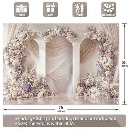 7x5ft 2D Wedding Arch Backdrop Rose Lavender Soft Champagne Drape Romantic Photography Background Mother's Day Bridal Shower Party Decorations Photo Booth Banner