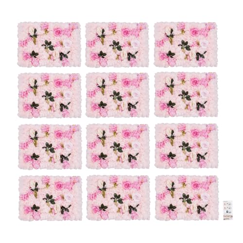 LOYALHEARTDY 12 Pack Artificial Flower Wall Panels 24" x 16" Flower Wall Panel Backdrop Faux Hydrangea Rose Flower Backdrop Panels for Wall Decor Wedding Party Event Decoration - color: 12 Pcs, Light Pink+leaf