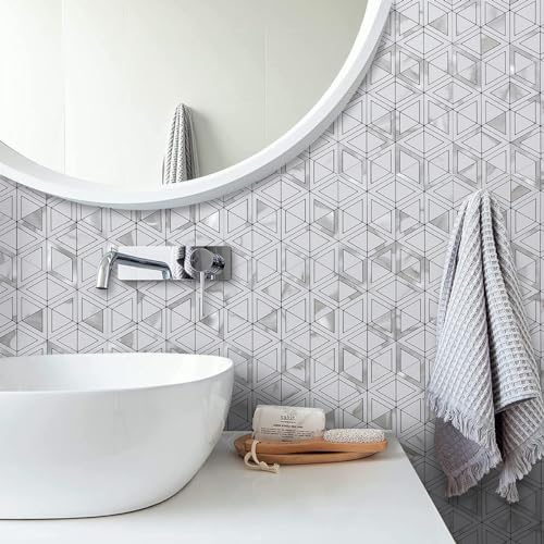 DICOFUN 10-Sheet White Marble Look Triangle Mosaic Tiles Peel and Stick Backsplash for Kitchen, PVC Mixed Metal Silver Chevron Stick on Backsplash Wall Tiles - color: White Marble and Metal Silver, size: 10 Sheets, 12"x12"x0.12"