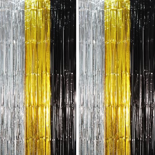 Voircoloria 2 Pack Black Gold Silver Foil Fringe Backdrop Curtains, Tinsel Streamers Party Decorations, Fringe Backdrop, Door Shimmer for New Years or Birthday Party - color: 48 Black Gold and Silver