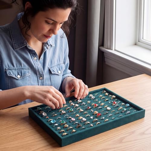 Wenqik 4 Pcs Cardboard Ring Holder with Velvet Lining, 100 Slot Inserts Stackable Ring Display Tray,13.8 x 9.4 x 1.2 inch (Dark Green) - color: Dark Green