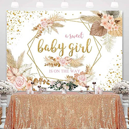 Sensfun Boho Sweet Girl Baby Shower Backdrop It's A Girl Baby Shower Photography Background Blush Pink Floral Pampas Grass Party Decorations Banner Newborn Photo Shoot Props 7x5ft