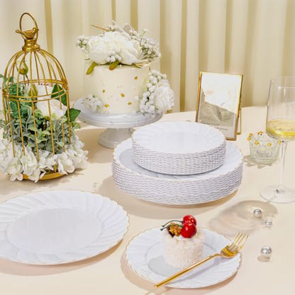 U-QE 60 Pcs White Plastic Plates with Gold Rim – Fancy Scalloped Plates Disposable - Premium Hard Plastic Plates Include 30 10" Dinner & 30 7" Dessert Plate for Party & Mother's Day - color: Gold