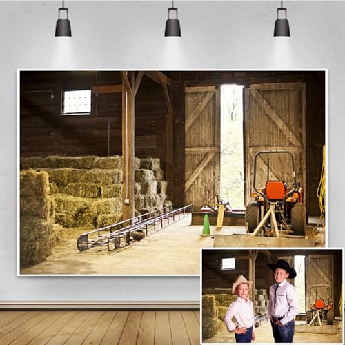Renaiss 6x4ft Farmhouse Barn Interior Backdrop for Photoshoot Haystack Straw Bales Tractor Photography Background Western Country Xmas Party Nativity Decoration Kids Adults Photoshoot Photo Props - color: Brown, size: 6x4ft